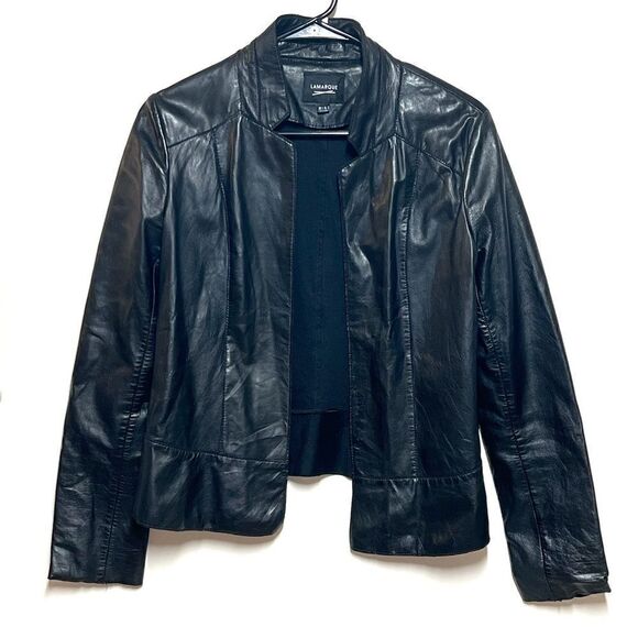 LAMARQUE Melika Black Lamb Leather Open Front Moto Jacket Sz 6 - Picture 1 of 8